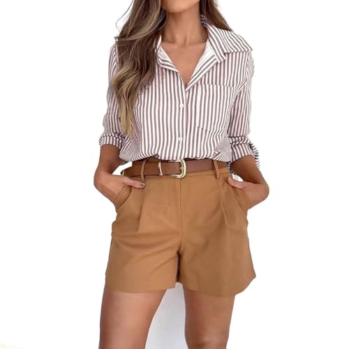 KBOPLEMQ Blusa a rayas para mujer, manga larga, cuello en V, camisa informal para oficina, básica, ropa de negocios, parte superior, blusa de rayas, elegante, blusa, O Marrón, S