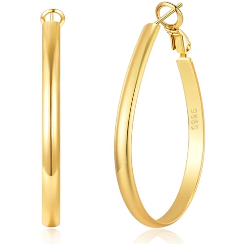 RANKEEF 4MM De Large Grande Or Ovale Boucle d'oreille Creole Non Ternissant Boucles d'oreilles en or 14K pour femmes Hypoallergéniques S925 Post Léger Grands Creole Or...