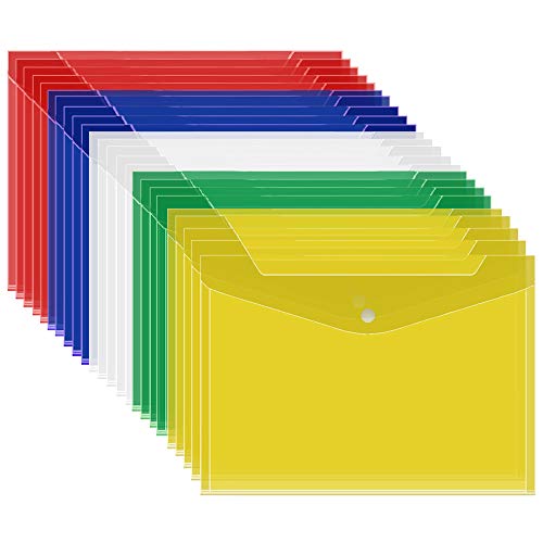 ALUWU Plastic Envelopes Poly Envelopes 25 Pack Letter Size A4 Plastic Wallet Transparent Clear Document File Folder Popper Snap Closure Storage Bag for Work Office School Home Assorted 5 Colors