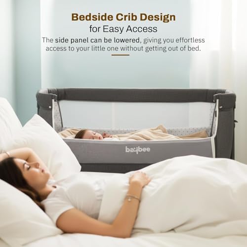 Image of BAYBEE Astro Bedside Crib Cradle for Baby | Bassinet for New Born with 2 Height Adjustable Modes & 360 Wheels | Babies Cot with Mosquito Net & Storage | Baby Cribs & Cots for 0 to 2 Years (Grey)