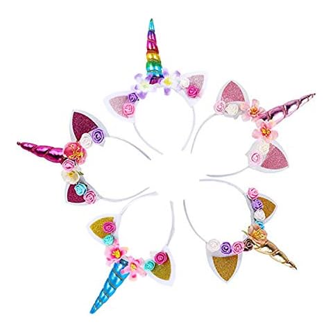 Unicorn Horn Headband Flower Ears Headband Rainbow Color 5 Pack in Different Design for Girl Party Birthday Cosplay Festivals Cover