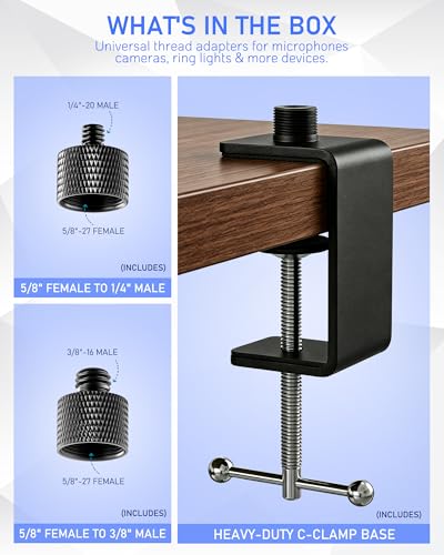 Pince de microphone de table en métal support de serrage robuste filetage 5/8 et 3/16 - 4