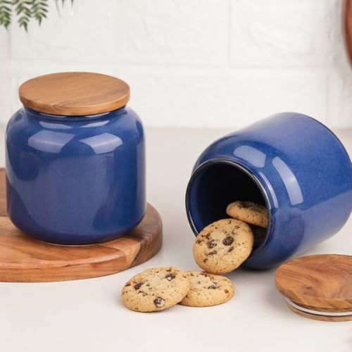 Image of The Earth Store Galaxy Blue Handcrafted Ceramic Jar Set of 2, 550 ML | Wooden Air Tight Lid Jars for Pickles /Achar, Chutney, Sauces, Salt, Candy and Spices | Ceramic Jar for Kitchen, Gifting