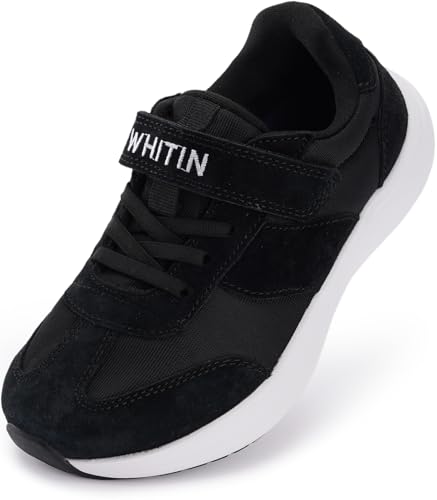 WHITIN Wide Toe Box Running Shoes for Boys Girls Athletic Kids Zero Drop Tennis Sneakers Size 13 Width Sports Lightweight Tenis para niños Black White 32