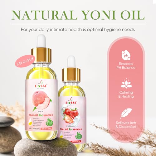 Image of Natural Yoni Oil for Women 4 Fl Oz (2 x 2 Fl Oz) - Peach Strawberry resh Feminine Care Oil - 2 PCS Vaginal Oil for Ingrown Hair with Vitamin E, Reduces Odor, Restores pH Balance and Wetness