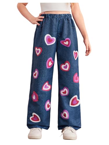 WDIRARA Girl's Heart Print Elastic Waist Jeans Straight Leg Cute Denim Pants