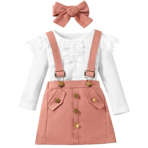 Image of Weixinbuy Toddler Girl Fall Clothes Lace Fly Sleeves Ribbed T-shirt+Suspender Skirt+Headband Winter Outftts Clothing Set 1-6T