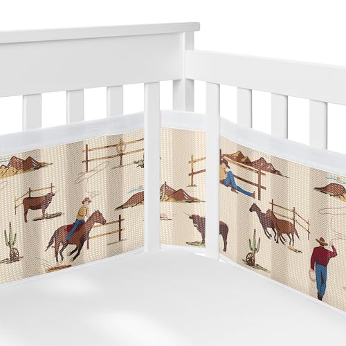 Image of Sweet Jojo Designs + BreathableBaby Tan Brown Western Cowboy Boy Girl Gender Neutral Breathable Mesh Crib Liner Baby Infant Wild West Southern Horse Cow Animal Desert Brown Red White Blue