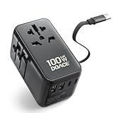 DOACE Universal Travel Adapter, 100W GaN 3.0 European Travel Plug Adapter with Built-in USB-C Cable, 6 in 1 International Power Adapter with 5 USB Ports for EU/UK/USA/AUS(Black)