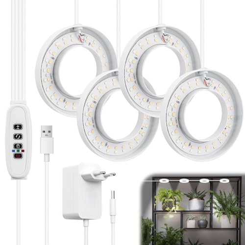Behogan - Lámpara LED para plantas con 4 cabezas, 192 LED para el crecimiento, con adaptador USB para plantas de interior, 3/9/12 horas, 3 modos de iluminación, 10 niveles de brillo
