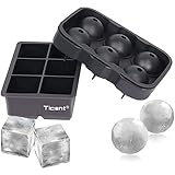 Ticent Ice Cube Trays (Set of 2), Silicone Sphere Whiskey Ice Ball Maker with Lids & Large Square Ice Cube Molds for Cocktails & Bourbon - Reusable & BPA Free