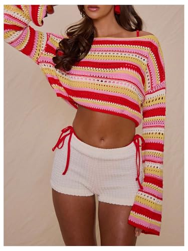 Floerns Women's Striped Crochet Cropped Sweater Boat Neck Long Sleeve Pullover Tops2