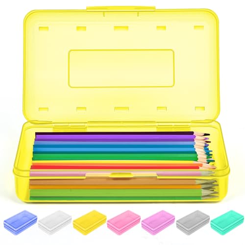Image of Sooez 1 Pack Clear Pencil Box, Plastic Hard Pencil Case with Stickers, Large Crayon Box with Snap-tight Lid, Stackable Storage Box Art Craft Marker Organizer Box for Kids Boys Back to School, Yellow