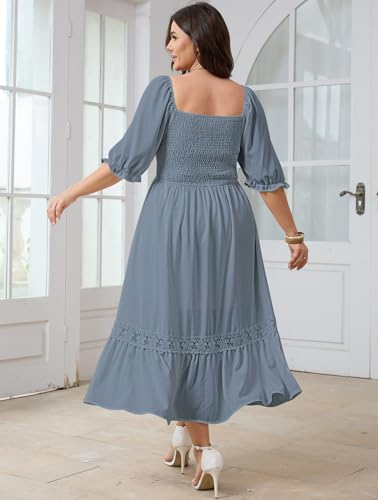 Image of SCOMCHIC Women's Plus Size Boho Maxi Dress Short Sleeve Square Neck Smocked Flowy A-Line Lace Trim Wedding Guest Dresses