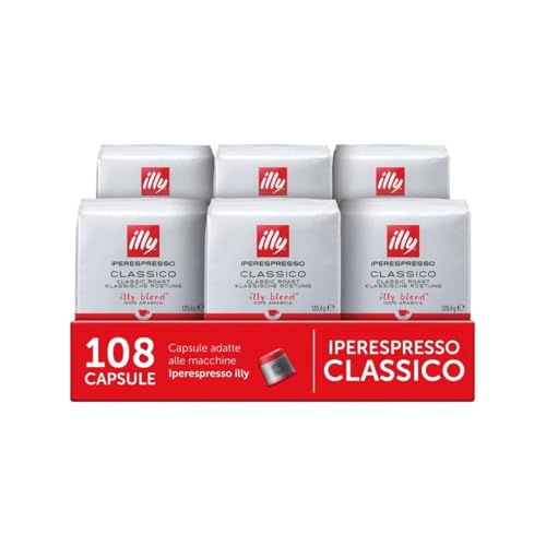 illy, Caffè in Capsule Iperespresso CLASSICO, 100% Arabica con Note di Fiori d'Arancio e Gelsomino, Gusto Morbido e Retrogusto Dolce, 6 Confezioni da 18 (108 Capsule Totali)