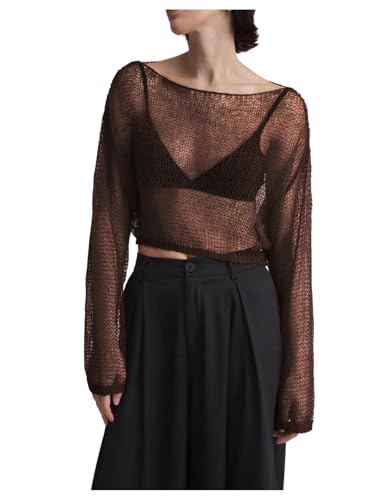 MakeMeChic Women's Crochet Sheer Boat Neck Sweater Long Sleeve