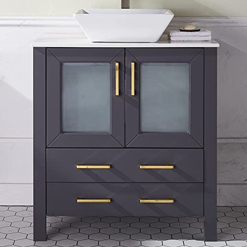 30" Bathroom Vanity with Sink,Dark Gray MDF Wood Vanity Bathroom, Single Bathroom Vanity Cabinet with Ceramic Sink Top,Modern Bathroom Vanity Set with 2 Doors,2 Drawers
