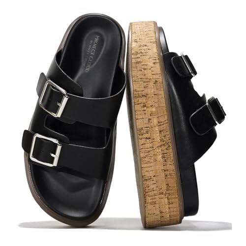 Image of Project Cloud 100% Genuine Leather Wedge Platform Sandals Women Footwear - Memory Foam Insole and Non-Slip Platform Slides for Women - Lightweight Womens Sandals (MILA)