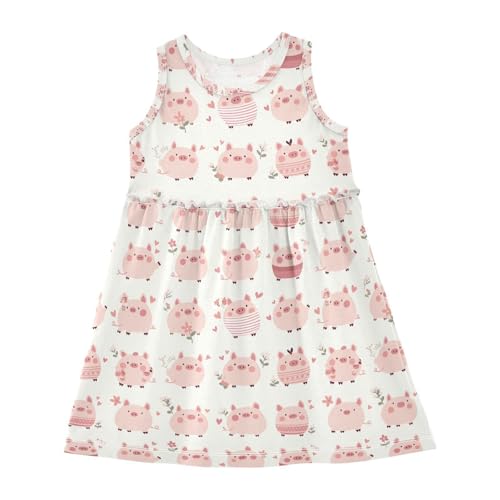 KLL Cute Pigs Characters Pink Little Girls Midi Dress Casual Sundress Comfy Outfits Sleeveless
