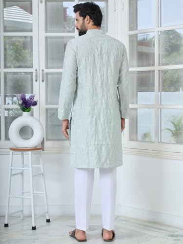 Image of See Designs Men's Full Sleeve Mandarin Collar Sequins Embroidered Straight Long Kurta - Festive Collection