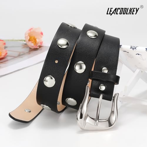 LEACOOLKEY Women Leather Belts for Jeans Dress Fashion Gold Black Leather Belt Women Studded Belt Punk Leather Belt3