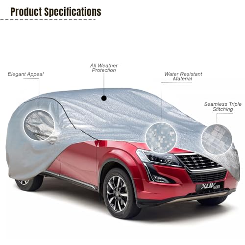 Image of Pivalo Car Cover for XUV500 All Model & Years (2011-2021) 100% Waterproof with Mirror Pockets, Triple Stitched Bottom Elastic Dustproof Full Body Protection (Heat & UV Resistant, Silver)