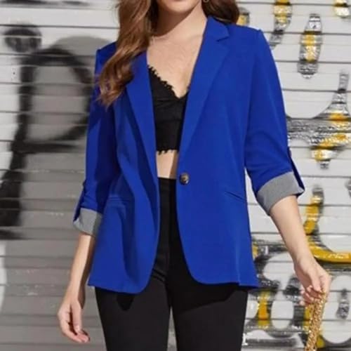 Women Lapel Pockets Blazer Roll-Up Sleeve Striped Patchwork Cuffs Single Button Solid Suit Coat4