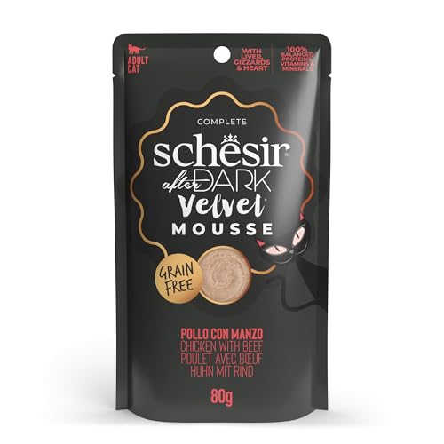 Schesir After Dark Sabor Pollo con Carne en Mousse, Comida húmeda Completa para Gatos Adultos (bolsitas 12 x 80 g)