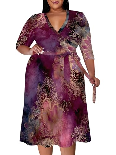 Image of PinkPatty Women's Plus Size Maxi Dress Print 3 /4 Sleeves V Neck Party Sundress Wedding Guest Dresses