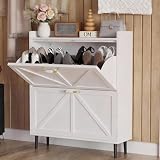 Karlovit Shoe Storage Cabinet for Entryway with 2 Flip Drawers, Metal Slim Narrow Shoe Cabinet, Freestanding Hidden Shoe Organizer for Foyer, Hallway, Entryway - White
