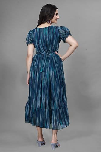 Image of Women Gown with Abstract Print | Georgette One Piece Dress with Puff Sleeves | Round Neck Tiered Midi Frock for Women | Ladies Western Maxi Dress