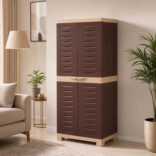 Image of Supreme Furniture Fusion 02 Multipurpose Plastic Cupboard | 40-Months Warranty* | 2 Door Tall Storage Cabinet with 3 Adjustable Shelves | Big Waterproof Organiser for Living Room | DIY | Brown Beige