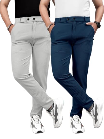 Image of Men's Slim Fit Casual Trousers Combo Pack of 2 | Stretchable Formal Pants for Men | Mid Rise Smart Office & Casual Wear Ankle Length Trouser