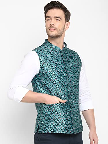 Image of hangup Men's Printed Cotton Nehru Jacket /waist coat, color Green. Size 38 (170A PrintedDup Nehru)