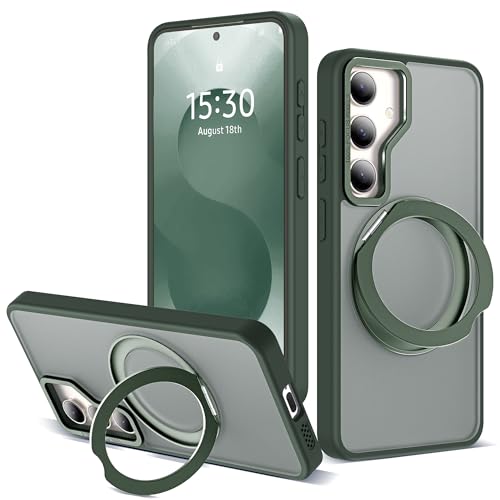 Image of for Samsung Galaxy S25 Plus Case with 360Rotatable Magnetic Ring Stand Compatible with Mag-Safe Military Protection Shockproof Matte Translucent Phone Cases for Galaxy S25+,Dark Green