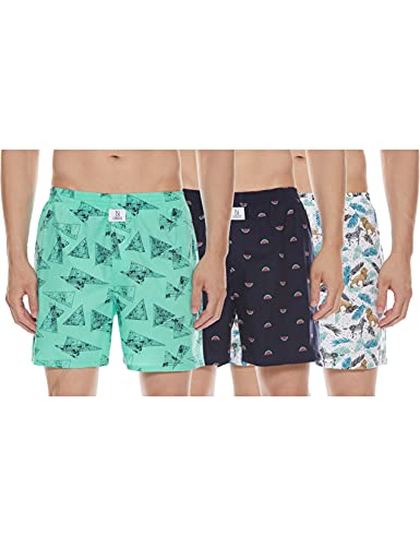 Image of Longies Pure Mens 100% Cotton Boxers (Pack of 3) Regular Shorts (LGBOXPO3V003 Navi,Cream,Aqua3324 L)
