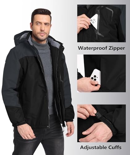 Image of Mens Winter Jackets Waterproof Warm Fleece Ski Jacket with Hood Thermal Windproof Coat Zip Pockets