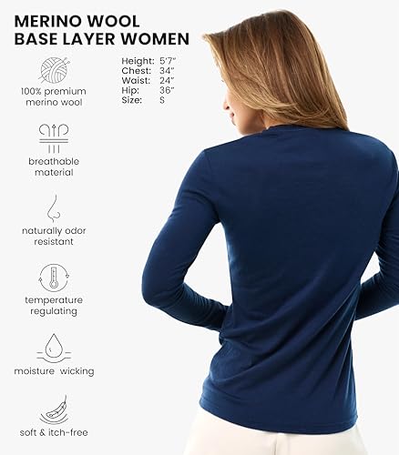Image of Merino Wool Base Layer Women - 100% Merino Wool Shirt Women Thermal Underwear Long Sleeve T-Shirt for Hiking