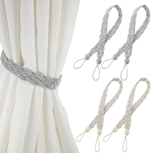 Cobee 4 Stück Vorhang Raffhalter, Gardinenhalter Raffhalter Grau Baumwolle Vorhang Seil Handgestrickte VorhangRaffhalter Boho Für Zuhause Büro Wohnzimmer Schlafzimmer
