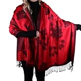 TZ Promise Women Soft Silky Pashmina Reversible Floral Rose Shawl Wrap Scarf w/Fringes (Red)