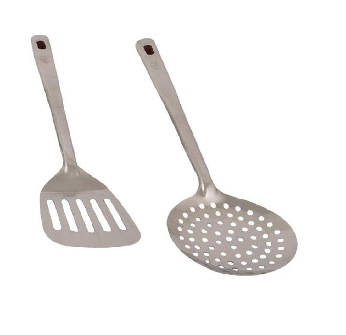 Stainless Steel Cooking Spoon, Kitchen Spoons Pony/Fryig Spoon and Egg Palta/Turner Set of 2 (Length 13.5 inch)