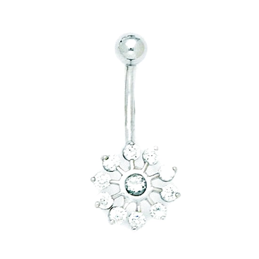 Bauchnabelring aus 14 Karat Weißgold, Zirkonia, künstlicher Diamant, 14 Gauge, baumelnder Blumen-Körperschmuck, Maße: 28 x 13 mm, Schmuckgeschenk für Frauen, Metall, Zirkonia