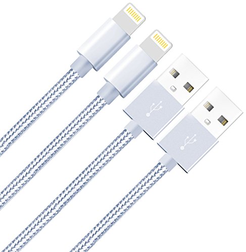 ZTeanok YYY39 Nylon Braided Cable Charger for iPhone 7/7 Plus/6/6 Plus/6S/6S Plus, SE/5S/5, IPad, iPod Nano 7, 10'/3 m -Silver - 2 Piece