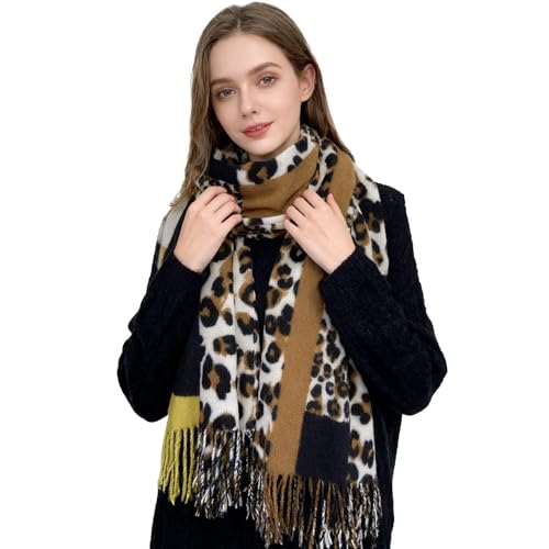 ZCJ Schal Damen Warm Herbst Winter Leopardenmuster - Kaschmir Gefühl Leo Halstuch mit Fransen, Winterschal für Damen als Premium Tuch & Animal Print Schals und Tücher für...