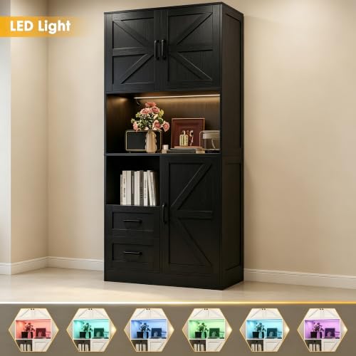 Image of 67.72 inch Tall Kitchen Pantry Cabinet with LED Light & Charging Station, Modern Kitchen Hutch with Microwave Stand, Countertop, Doors & Adjustable Storage Shelves, Black