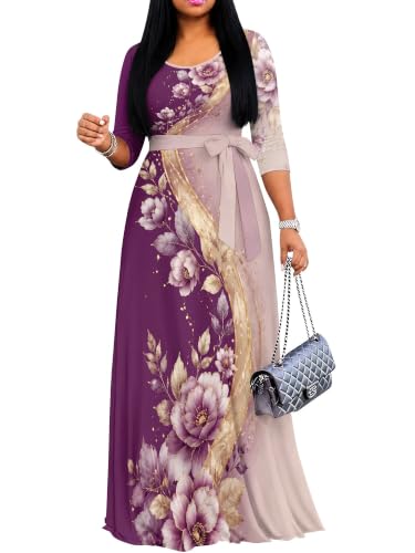 Image of Women's V Neck Floral Maxi Dress 3 /4 Sleeve Plus Size Boho Wrap Flowy Long Dresses with Belt