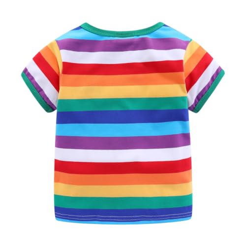 Image of LittleSpring Boys Girls T Shirt Rainbow Striped Cotton Crewneck Tees for Kids Fashion