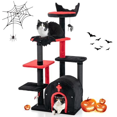 Tangkula Gothic Cat Tree, 53 Inch Black Cat Tower with Coffin Bed, Condo, Scratching Posts, Spider Pompom & Spring Balls, Halloween Pet Furniture, Spooky Goth Cat Tree for Indoor Cats