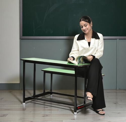 Image of GOYALSON School Home Tution College Bench Duel Desk Student Bench Cum Duel Desk Strong and Sturdy Metal Standard Structure with Wooden Top (2, Green, Medium Class)