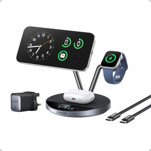 Anker Prime MagSafe Charger Compatible 3-in-1 Charging Station Qi2 25W Certified Wireless Charger Dock Stand Smart Display with TEC Active Cooling for iPhone 17 Apple Watch AirPods and More